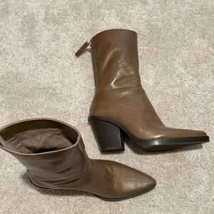 Elegant Army Green Leather Ankle Boots